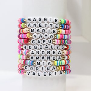 Custom Polymer beaded name bracelet, party gift favor for girls, colorful beach bracelet, rainbow fun bracelet, mom and daughter bracelets