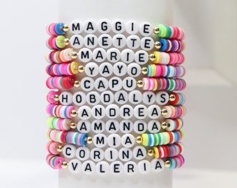 Custom Polymer beaded name bracelet, party gift favor for girls, colorful beach bracelet, rainbow fun bracelet, mom and daughter bracelets