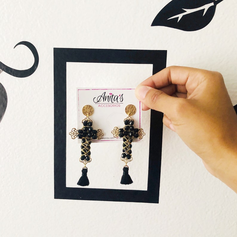 Gold cross earrings,Cross earrings women,cross earrings black,dangling cross earrings,religious earrings,earrings with black tassels,tassels