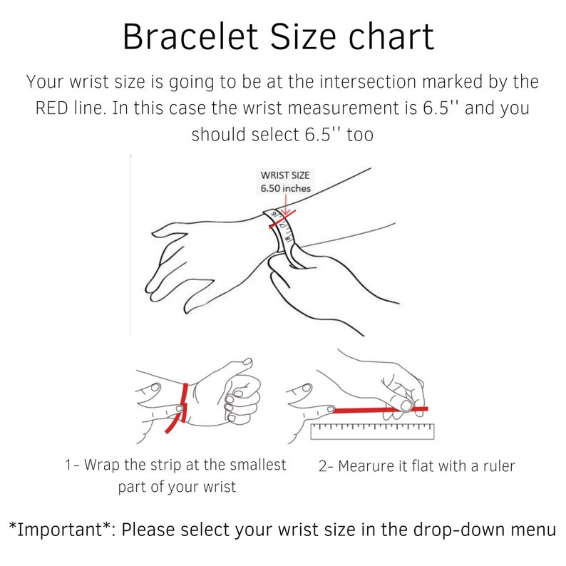 Puede incluir: Un diagrama que muestra c&oacute;mo medir la mu&ntilde;eca para un brazalete. La ilustraci&oacute;n muestra una mano con una cinta m&eacute;trica envuelta alrededor de la mu&ntilde;eca. El texto dice "WRIST SIZE 6.50 inches". Las instrucciones dicen que envuelva la tira en la parte m&aacute;s peque&ntilde;a de su mu&ntilde;eca y luego la mida plana con una regla. El texto tambi&eacute;n dice "*Importante*: Por favor, seleccione el tama&ntilde;o de su mu&ntilde;eca en el men&uacute; desplegable."