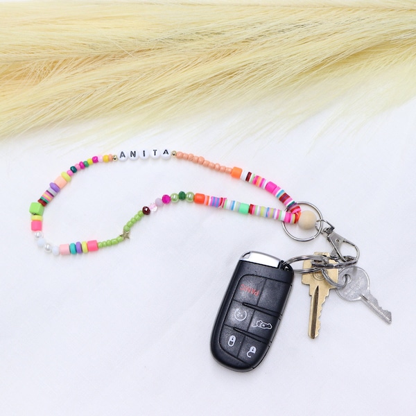 Custom name wrist lanyard for keys, colorful wristlet keychain wallet,rainbow wrist keychain,car wristle beaded chain,fun bead teacher strap