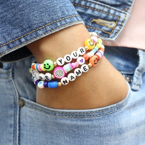 Custom clay bead name bracelet, party gift favor for girls, smiley colorful beach bracelet, Y2k heishi bracelets, rainbow fun bracelet