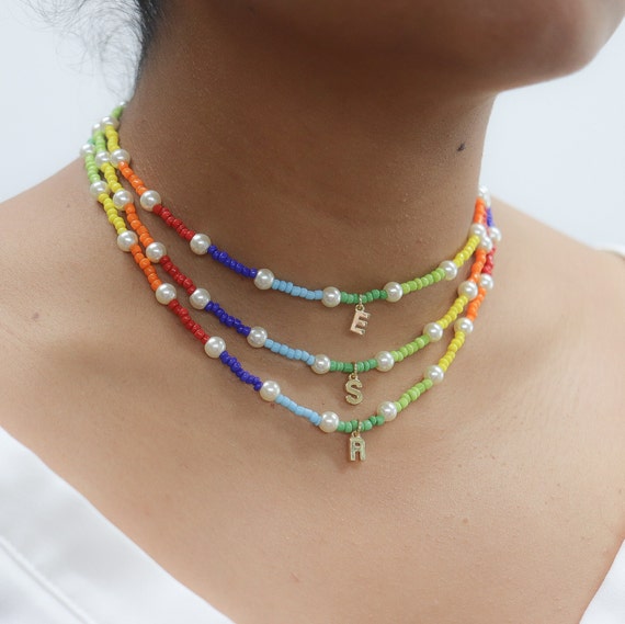 Beaded Initial Necklace For Women - 14K Gold Plated Rainbow Gemstone Choker With Letter Pendant