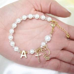First communion gift girl, custom initial bracelet, first holy communion gift, pearl bracelet, confirmation bracelet, gift for goddaughter image 3