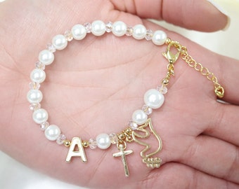 First communion gift girl, custom initial bracelet, first holy communion gift, pearl bracelet, confirmation bracelet, gift for goddaughter