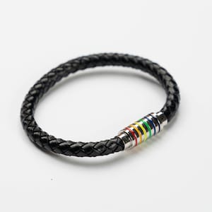 Men leather bracelet,rainbow stainless steel closure,mens christmas gift,woven leather bracelet,black man gay boyfriend leather bracelet