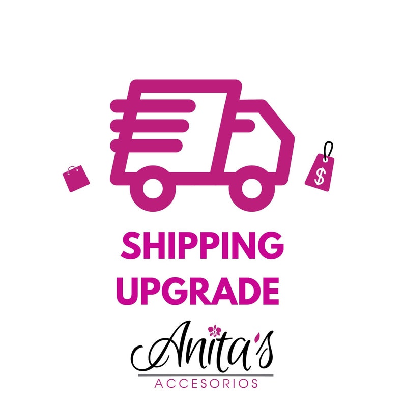 Pu&ograve; includere: Grafica rosa di un camion di consegna con una borsa della spesa e un'etichetta di prezzo, con il testo "SHIPPING UPGRADE Anita's ACCESORIOS"