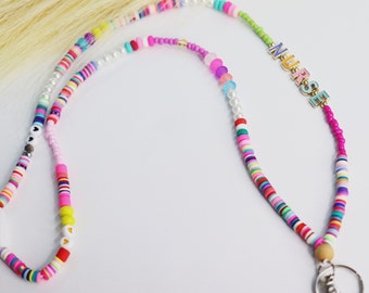 Custom name lanyard, bead nurse lanyard ,rainbow fun lanyard, special gift for nurse, badge necklace,ID badge holder, colorful lanyard