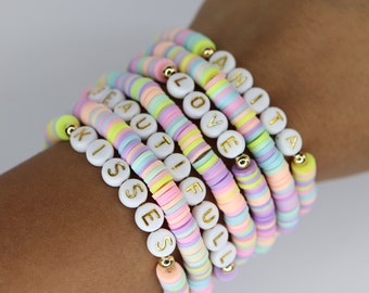 Custom Polymer beaded name bracelet, party gift favor for girls, colorful bracelet, pastel rainbow fun bracelet, mom and daughter bracelets
