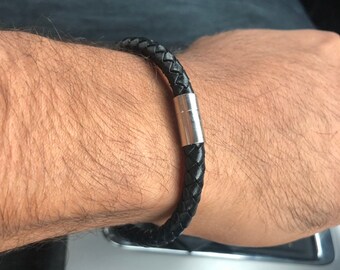 Men wrap leather and stainless steel bracelet,mens leather bracelet,woven leather bracelet,black man leather bracelet, gay boyfriend gift