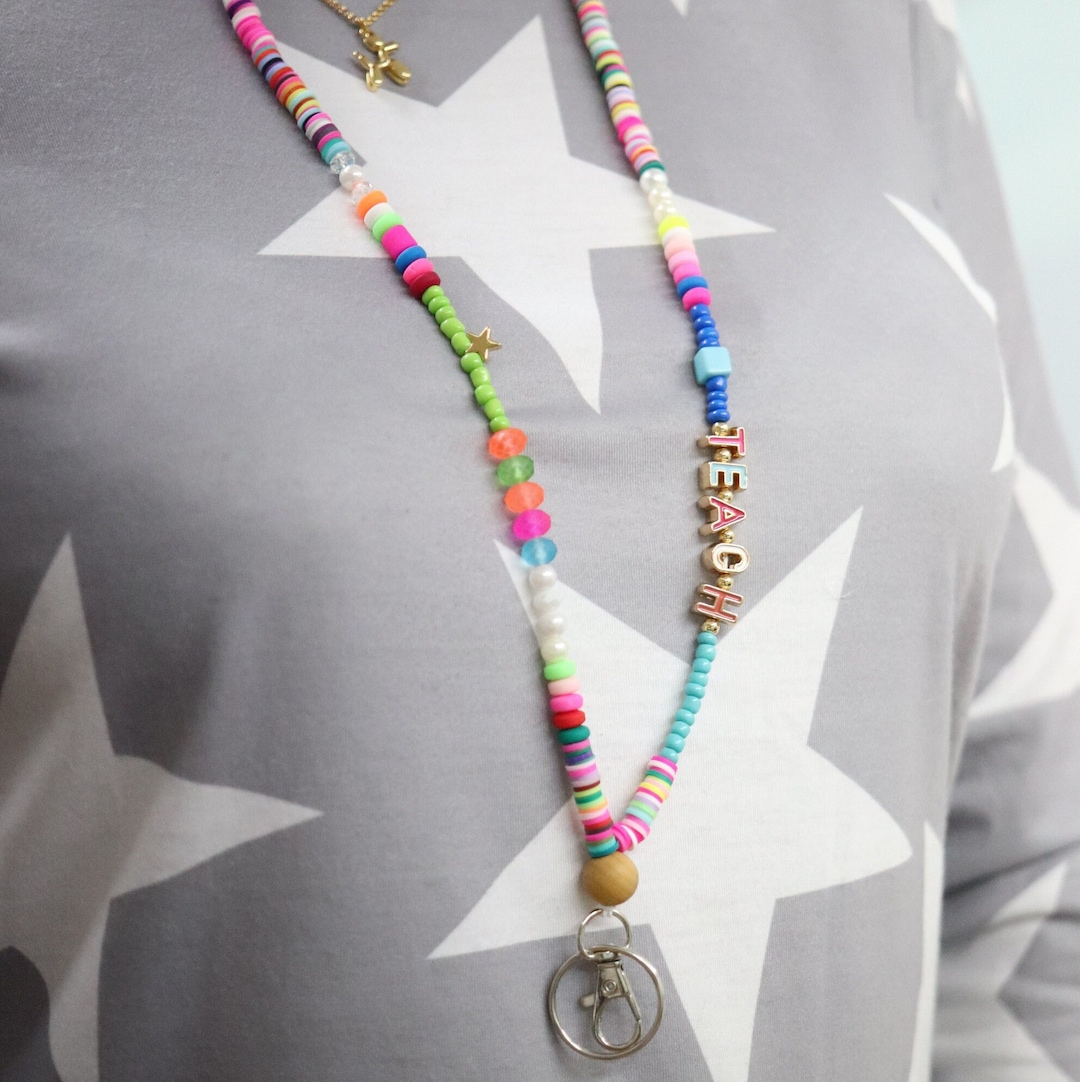 Custom Name Lanyard, Bead Teacher Lanyard ,rainbow Fun Lanyard, Special ...