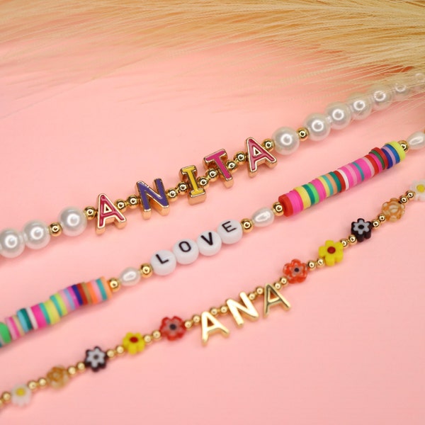 Custom y2k bead name necklace, rainbow necklace,fun bead necklace with names,summer necklace,colorful necklace, mismatched woman necklace