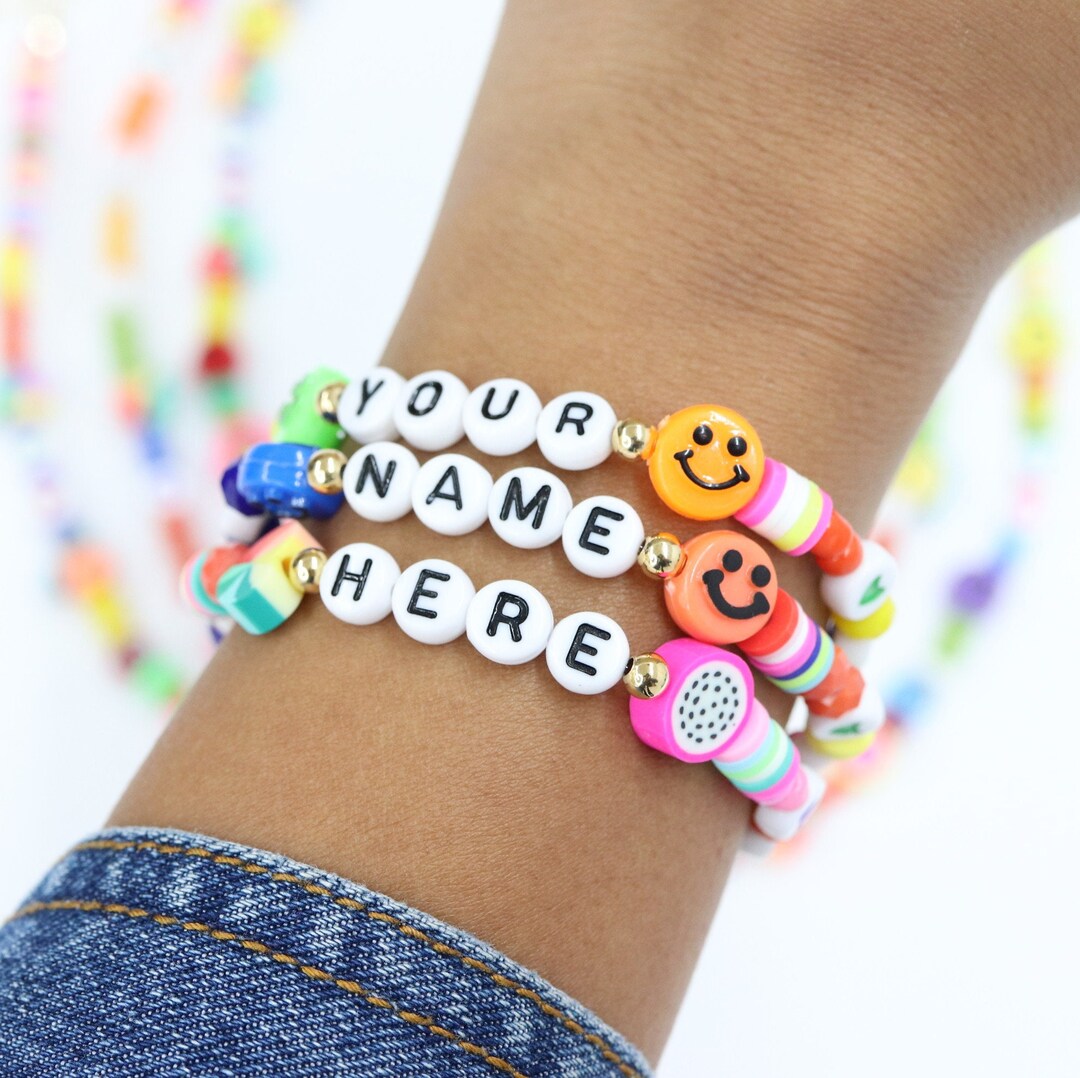 Custom Beaded Name Bracelet, Party Gift Favor for Girls, Smiley