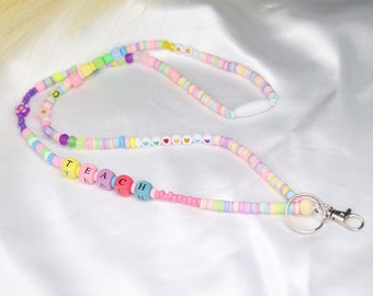 Custom name lanyard, bead teacher lanyard,pastel rainbow fun lanyard,special gift for teacher, badge necklace,badge holder, colorful lanyard