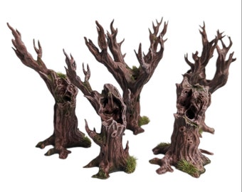 Dead, damaged and decaying bare autumn trees a series of fantasy miniatures for tabletop games