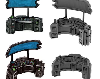 May include: Four different views of a gray and black sci-fi control panel with a curved design. The control panel has a screen on top and a variety of buttons and knobs.