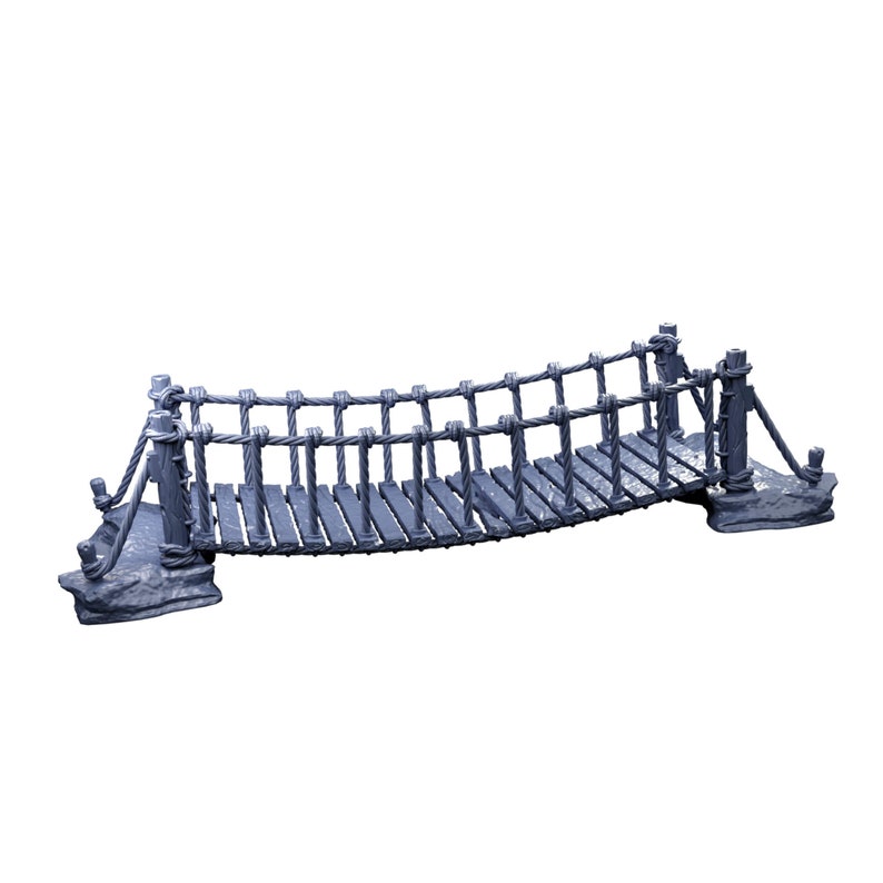 May include: A grey wooden bridge with rope railings and supports. The bridge is curved and has a rustic appearance.