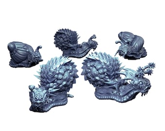 May include: Five miniature, detailed, gray, resin, snail sculptures with intricate shell designs. The snails are in various poses, some with their heads extended and others with their heads retracted.