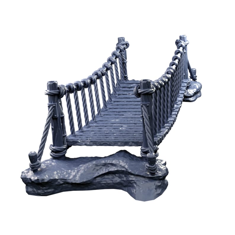 May include: A grey rope bridge with wooden railings, connecting two rocky outcrops. The bridge is made of thick rope and has a wooden walkway.