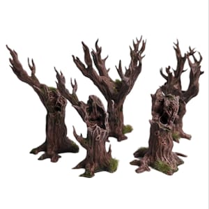 May include: Five miniature, detailed, brown, wooden trees with gnarled branches and hollowed-out trunks. The trees are arranged on a white background.
