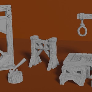 May include: A set of five wooden medieval torture devices, including a guillotine, a pillory, a hanging gibbet, and a chopping block. The devices are made of grey plastic and are designed for tabletop role-playing games.