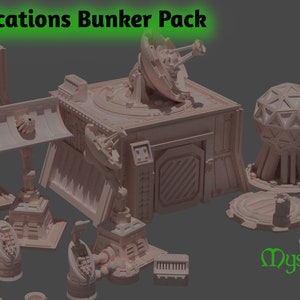 May include: A set of 3D printed miniature buildings and accessories for tabletop gaming. The set includes a communications bunker, a satellite dish, a dome-shaped structure, and other smaller details. The buildings are painted in a light brown color.