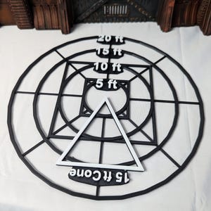 May include: A black and white target with concentric circles and a triangle in the center. The circles are labeled with distances in feet: 20 ft, 15 ft, 10 ft, and 5 ft. The triangle is labeled "15 ft cone".