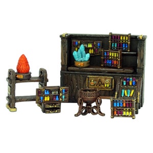 May include: A wooden apothecary shop set with shelves, drawers, and a cauldron. The set includes a crystal, a flame, and various colored bottles.