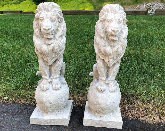 Lion Statue Pair, Concrete Lion on Finial, Cement Statue, Lawn Garden