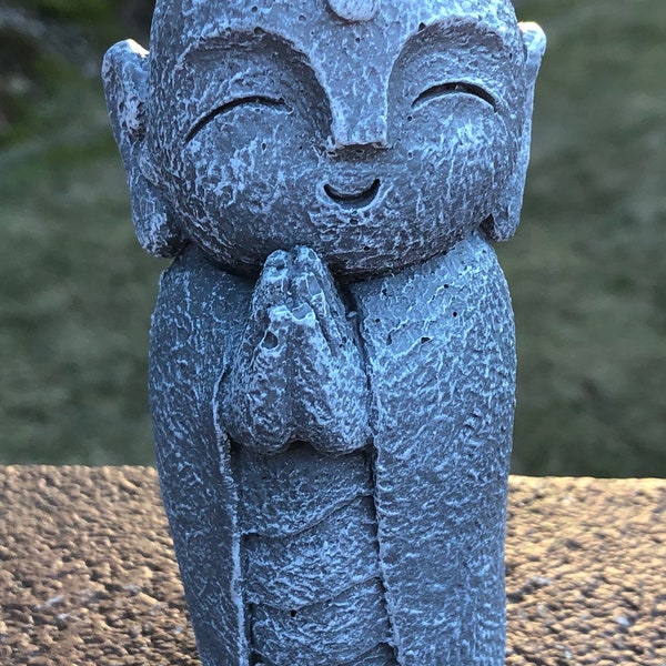 Concrete Happy Jizo Statue, Praying Jizo Monk Buddha, Small Buddha 4.5'' Tall, Buddhist Protector of Children, Jizo Figure, Home Decor