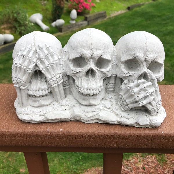 See No Hear No Evil Skull Trio Statue,  Concrete Skull Statue, Cement Garden Statue, Home Decor,