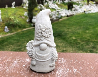 Cement Garden Gnome, Gnome Statue, Concrete Gnome with Flowers, Garden Decor, Small Gnomes, Gnome Statue