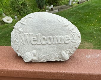 Hand Poured Cement Welcome Rock: Garden Decor