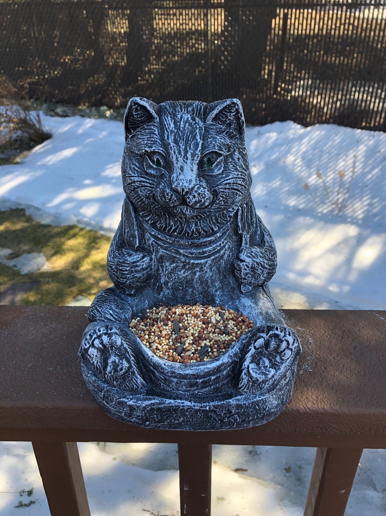 Concrete Cat Bird Feeder Statue 9'' Tall image 0