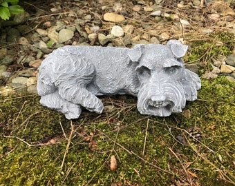 Concrete sleeping Schnauzer Statue,  Memorial Or Grave Marker, Garden Decor, Cement Schnauzer Statue