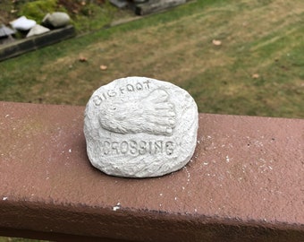 Cement Bigfoot Crossing Statue: Small Garden Rock Decor