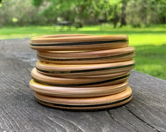 Handmade Wood Bracelet, Christmas Gift, Skateboard, Bangle, Boho, Made in USA, Rainbow, Recycled, Upcycled, 2 3/4", Recycled, Sold singly