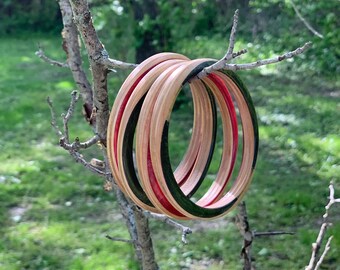 Handmade Wood Bracelet, Christmas Gift, Skateboard, Bangle, Boho, Made in USA, Rainbow, Recycled, Upcycled, 2 3/4", Recycled, Set of 4