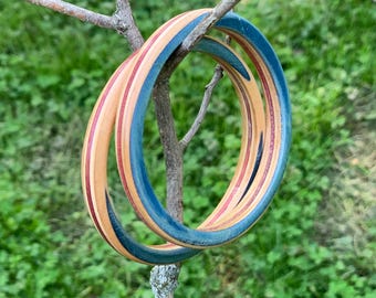 Handmade Wood Bracelet, Christmas Gift, Skateboard, Bangle, Boho, Made in USA, Rainbow, Recycled, Upcycled, 2 3/4", Recycled, Lot of 2