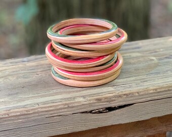 Handmade Wood Bracelet, Christmas Gift, Skateboard, Bangle, Boho, Made in USA, Rainbow, Recycled, Upcycled, 2 3/4", Recycled, Sold singly