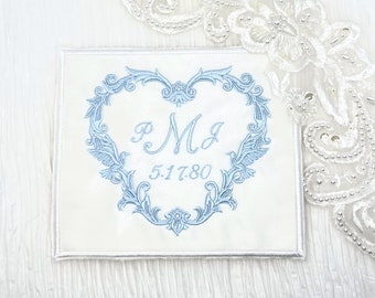 Hearts and Doves Wedding Gown Label, Monogram Wedding Gown Label, Embroidered Wedding Dress Label, Wedding Keepsake, Something Blue