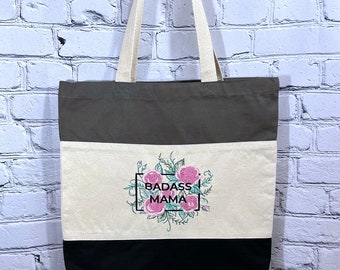 Black and Grey Farmers Market Badass Mama floral tote bag