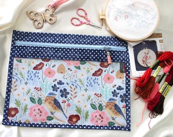 Robin Birds Vinyl Front Project Bag Cross Stitch Zipper Project Bag Embroidery Needlepoint project Bag School Projects Organizer Vinyl Bag