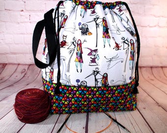 Jack and Sally Projekttasche Strick-Einkaufstasche XL Mittelgroße Projekttasche Gehäkelte Projekttasche Pullover Schal Projekttasche Basteltasche