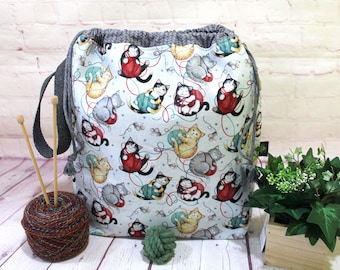 Bolsa para Projetos de Tricô com Estampa de Gato e Bola de Lã, Tamanhos XL, Médio e Grande, Ideal para Crochê, Suéteres, Xales e Cachecóis.