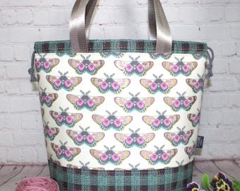 Pink Glow Moth Tote Project Bag Knitting Tote Bag XL Large Project Bag Crochet Project Tote Bag Sweater Shawl Project Bag Tote Craft Bag