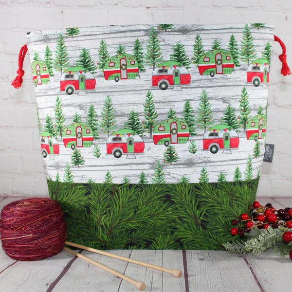 Festive Camper, Project Bag, XL, Large Knitting Bag, Medium Crochet Project Bag, Cross Stitch Drawstring Craft Bag, Sweater, Shawl, Scarf
