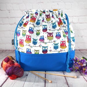 Bolsa para proyectos con cordón de búhos azules, bolsa grande para proyectos de tejido, bolsa mediana para proyectos de crochet, bolsa para proyectos de manualidades de punto de cruz, chal para suéter