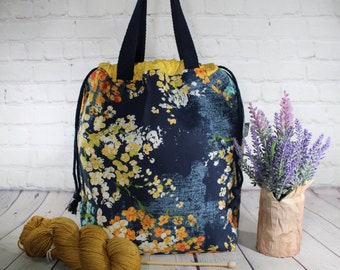 Painted Flowers, Large Project Tote Bag, XL Large Knitting Bag, Crochet project Bag, Sweater Shawl, Scarf, Travel Tote, Craft Drawstring Bag