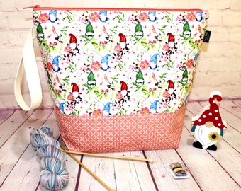 Borsa con cerniera per progetti di gnomi floreali Borsa per progetti XL Borsa per progetti di maglia Borsa per progetti di uncinetto Borsa per progetti di punto croce Borsa con cerniera per lavori artigianali